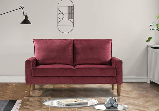 Container Furniture Direct Petit Mid Century Modern Velvet Loveseat for Small Spaces, Upholstered 2 Seater Couch for Living Room and Bedroom, Easy Assembly, Burgundy