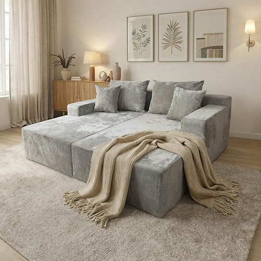 SYTOPIA Loveseat Chaise Lounge with Armrests, Oversized Sofa Bed with 4 Pillows, Cozy Boneless Sleeper, Modular Sectional Couch for Living Room Bedroom, Floor Chair Furniture sala Chenille, Urban Grey