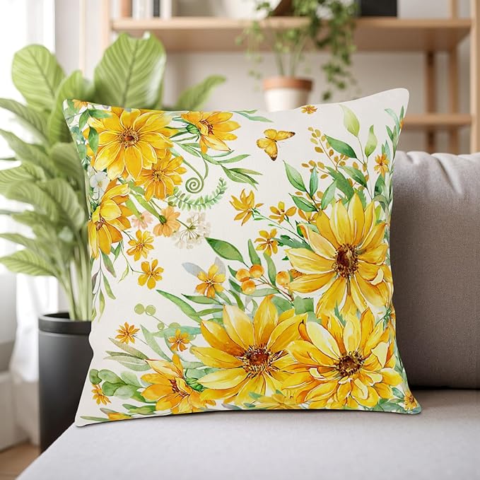 Daisy Pillow Covers 20x20 Set of 2 Summer Yellow Floral Sunflower Butterfly Decorative Throw Pillows Seasonal Spring Flowers Outdoor Cushion Case for Home Couch Sofa Decor