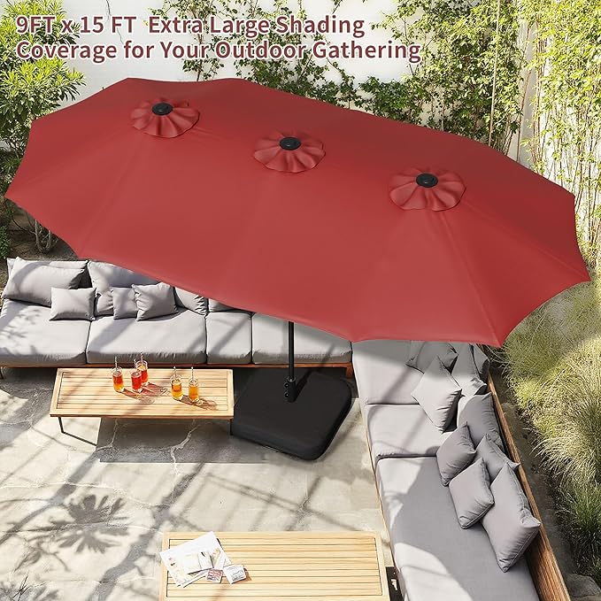 Shintenchi 16FT Large Patio Umbrella with Base Included, Outdoor Double-Sided Rectangular Shade with Crank Handle for Poolside Lawn, Deck & Garden, Red