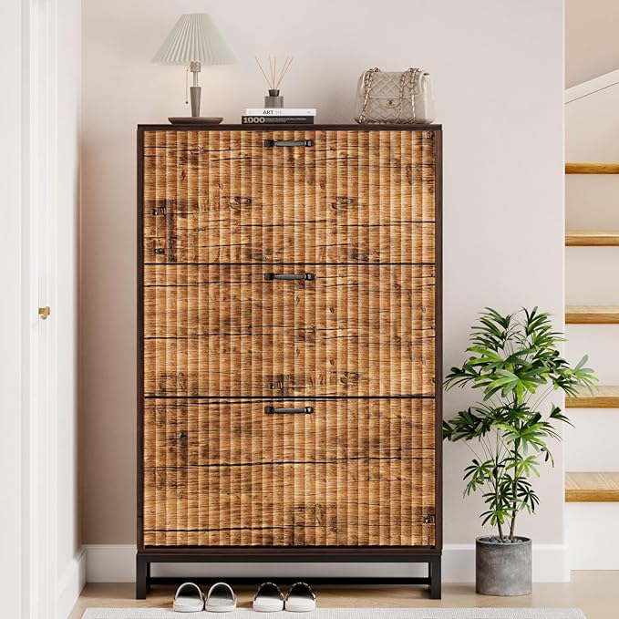 Nicetree Shoe Cabinet Storage for Entryway- Modern Fluted Shoe Organizer 3 Flip Drawers & 3-Tier Adjustable Shelves, Farmhouse Modern Rustic Shoe Rack with Metal Legs for Hallway Foyer Brown