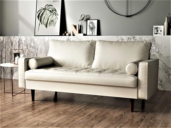 Container Furniture Direct Womble Mid Century Modern Couch with Bolster Pillows, PU Leather Upholstered Tufted Seat, Versatile Retro Design for Comfortable Living Spaces, Sofa, White