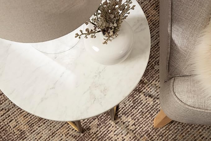 Kate and Laurel Solvay Round Metal and Marble Side Table; 16 x 16 x 24; White Marble and Antique Brass; Modern Glam Bedroom Nightstand Table with Premium Natural Marble Stone and Iron Base