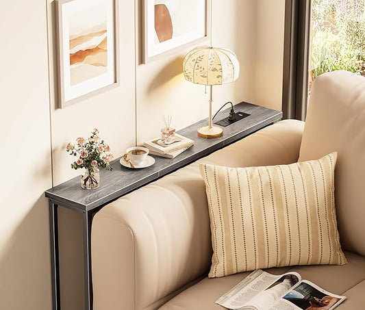 SUPERJARE 5.7 Inch Console Table with Outlet, Sofa Table, Behind Couch Table, 5.7 x 39.4 x 29.7 Inches, Metal Frame, Charging Station, Charcoal Grey