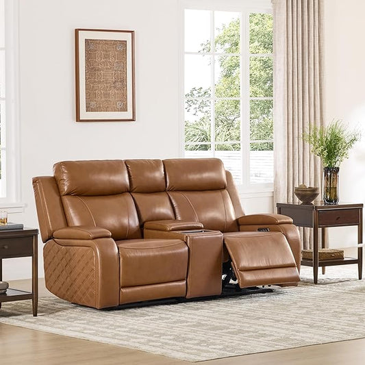 Watson & Whitely Genuine Leather Power Loveseat Recliner Sofa, Zero Gravity Reclining Sofa with Console, Power Headrest & Wireless Charging, Cup Holder, 2-Seater Recliner for Living Room, Saddle Brown