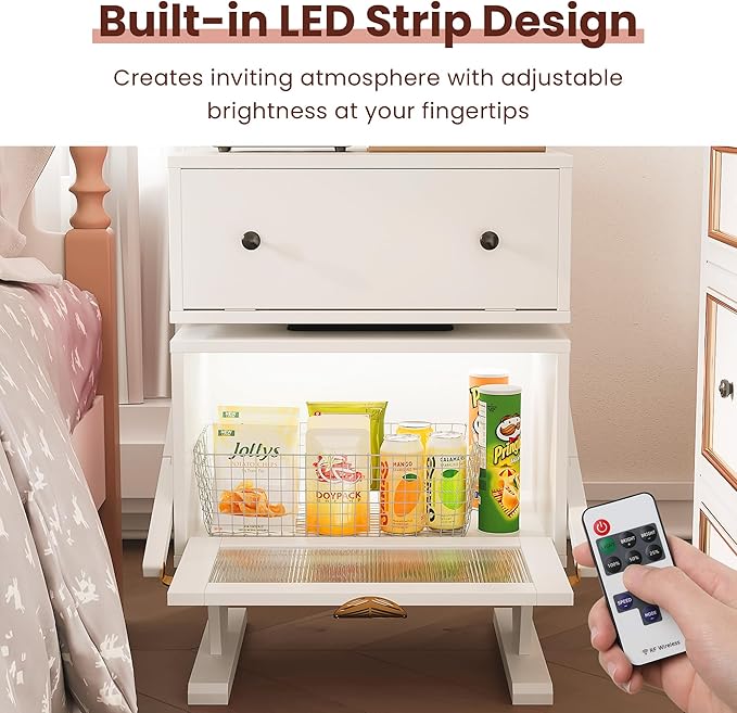 RoyalCraft Nightstand with LED Light Strips, White End Table with 360° Rotating Drawer, Modern Bedside Table with Glass Door Storage, Wood Night Stand Cabinet for Bedroom, Home Office, White