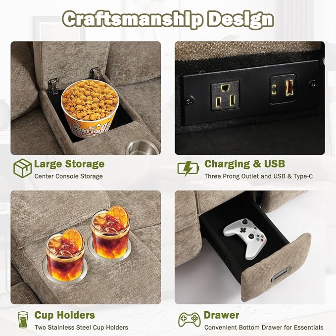 Manual Reclining Loveseat Sofa with 360°Adjustable Phone Holder, Center Console Storage with Type-C Charging & USB, Adjustable Headrest, Cupholders, Hidden Storage Drawer, Living Room (Linen Camel)