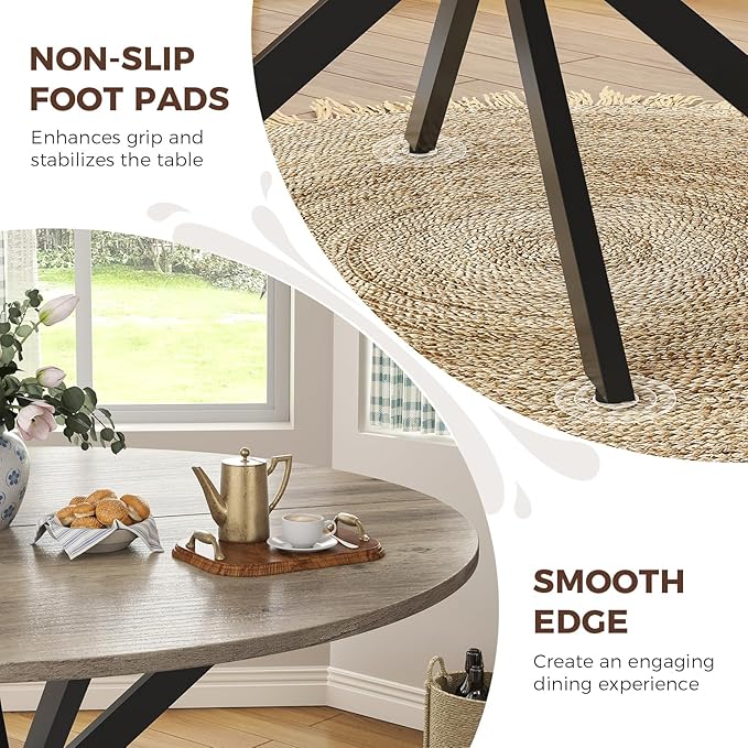 Unovivy 47 Inch Round Dining Table for 4, Space Saving Circle Dining Table with Pedestal Metal Frame, Farmhouse Wood Round Kitchen Table for Living & Dining Room, Light Ivory
