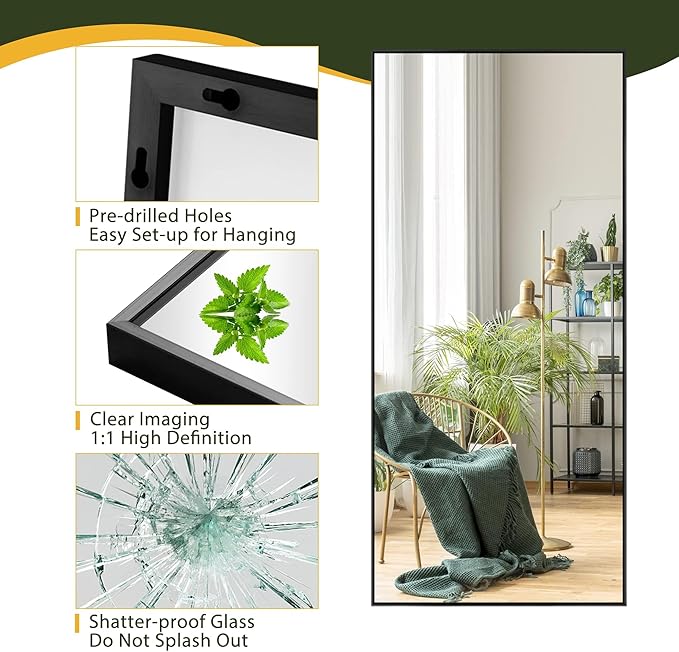 NicBex Full Length Mirror with Stand, 64"x24" Aluminum Alloy Frame Full Body Floor Mirror, Black - Free Standing, Leaning Against Wall or Wall-Mounted, Best for Bedroom Living Room Dressing Room