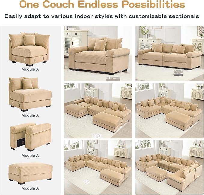 KEIKI 83" L-Shaped Oversized Corduroy Modular Sectional Loveseat Sofa with 1 Ottoman, High-Density Foam Cushion, Extra-Thick Armrest, 2-Seater Fluffy Corner Couch with 6 Pillow, for Living Room, Camel