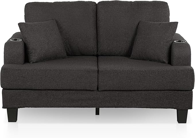 Homes: Inside + Out Reese Modern Plush Boucle Comfortable Loveseat with Side Pockets, Cup Holders and Pillows, Wooden Soft Couch for Living Room, Bedroom and Office, Dark Grey