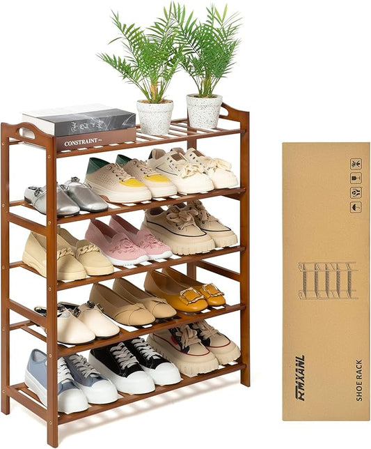 5 Tier Bamboo Shoe Rack, Free Standing Shoes Rack Shoe Shelf Shoe Organizer for Closet, Entryway, Bedroom, Living Room, Front Door, Studio, Bathroom
