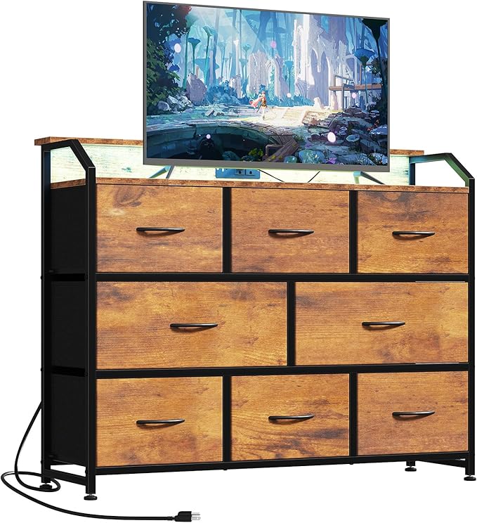 DUMOS TV Stand Dresser with 8 Fabric Drawers, 8-Drawer Chest of Drawers with APP Control LED Lights and Type-C Charging Station, Fabric Storage Tower TV Stand for Living Room, Brown