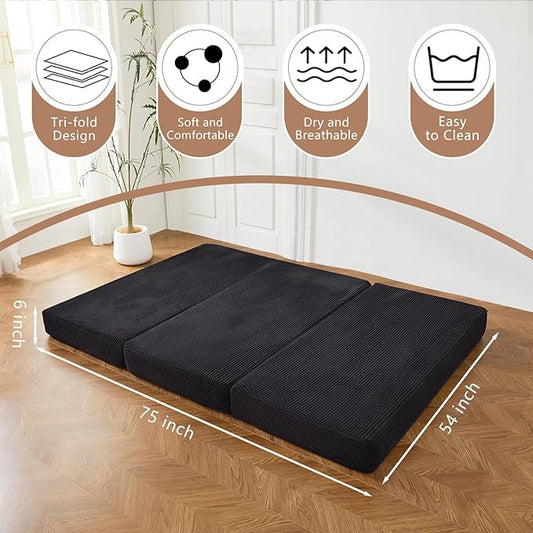 BYBYME Tri-Folding Corduroy Mattress, 6 Inch Gel Folding Mattress Topper, Foldable Soft Guest Bed Camping Pad, Washable Cover (Black, Full)