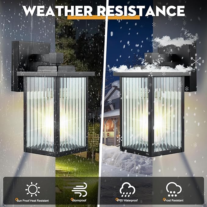 2 Pack Modern Farmhouse Outdoor Wall Lights,IP65 Waterproof & All-Metal Build,Textured Tempered Glass for Soft, Elegant Glow for Porch, Garage, Front Door