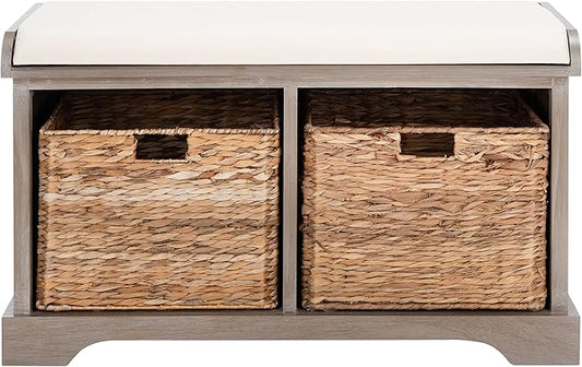 SAFAVIEH Home Collection – Freddy White Wash Storage Bench with Wicker Baskets & Cushion, Entryway Seating Bench, Fully Assembled (AMH5736G)