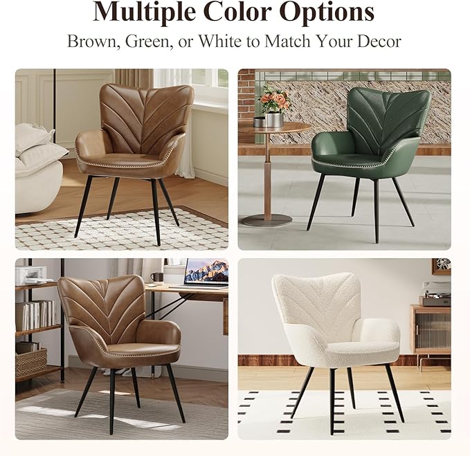 Mid-Century Modern Green Faux Leather Accent Chair, Upholstered Armchair for Living Room/Bedroom/Reading Corner, Curved Back & Padded Arms, High-Density Cushion, Metal Legs, Easy-to-Clean Design