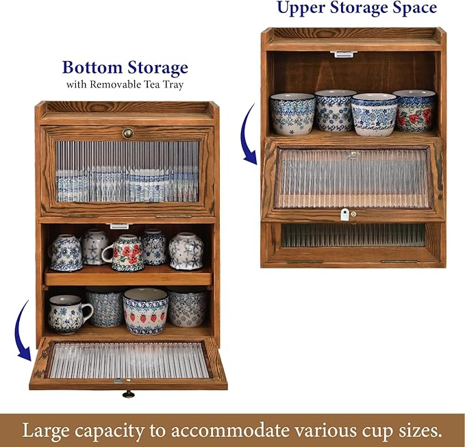 Ikee Design Rustic Wooden 2-Tier Countertop Storage Cabinet with Wavy Doors, Cupboard Organizer with Removable Bamboo Tea Tray, for Kitchen Pantry, Cups, Brown Color, 12.1W x 6.3D x 15.7H in