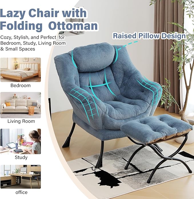 Lazy Chair with Ottoman, Modern Chair with Folding Footrest, Plush Light Blue Accent Chair, Comfortable Reading Chair, Oversized Armchairs for Bedroom, Study, Living Room, Courtyard