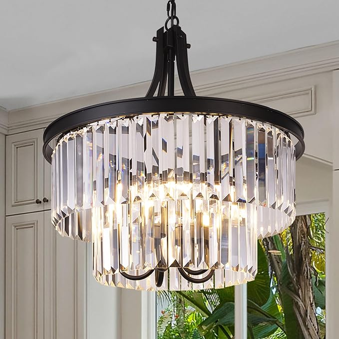 Wellmet Crystal Chandeliers for Dining Room Lights Fixtures, 5 Light Black Chandeliers for Bedroom, 2-Tier Round Crystal Lighting Fixtures for Living Room Entryway Kitchen Island D19.68 Inch