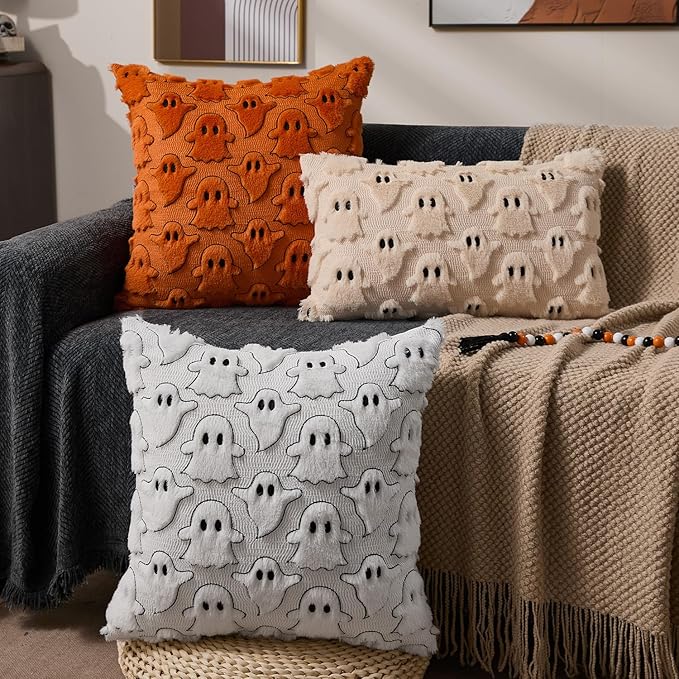 DFXSZ Halloween Pillow Covers 16x16 inch Set of 2 Orange White Ghost Throw Pillow Cases Soft Plush Faux Fur Wool Couch Cushion Case for Chair Sofa Bedroom Living Room Home Decor PTK03K16