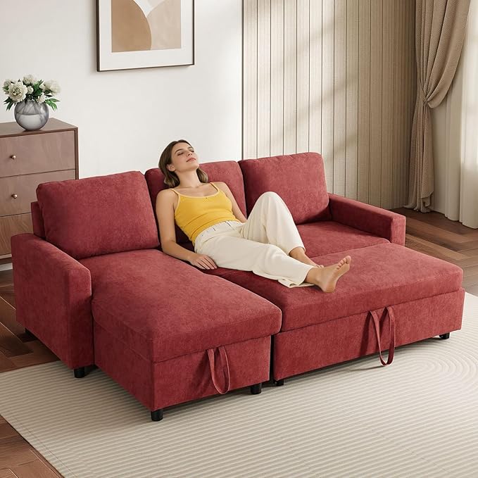 Yafylly L-Shaped Sleeper Sofa with Chaise Lounge & Storage, Pull-Out Couch Bed with Recliner, Full Size Futon for Living Room, Office, Apartment Red