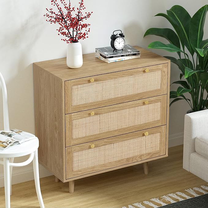 Anmytek 2pcs 3 Drawer Rattan Dresser, Modern Wooden Chest with Golden Handles, Storage Organizers for Bedroom, Living Room, Hallway