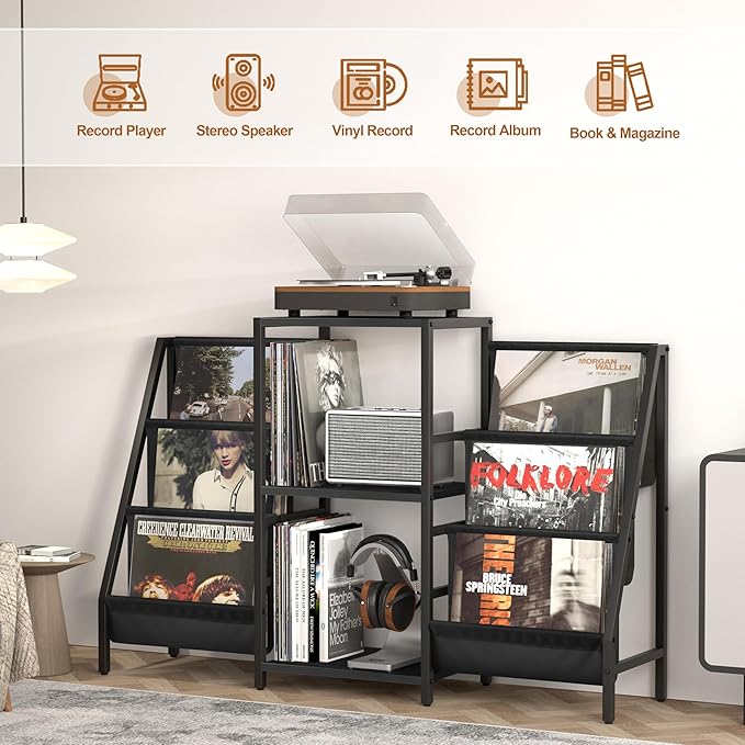 Record Player Stand with Vinyl Storage, Record Player Table with Vinyl Record Storage Up to 280 Albums, Turnta ble Stand with Record Holder Display Shelf, Record Cabinet for Media Stereo Audio