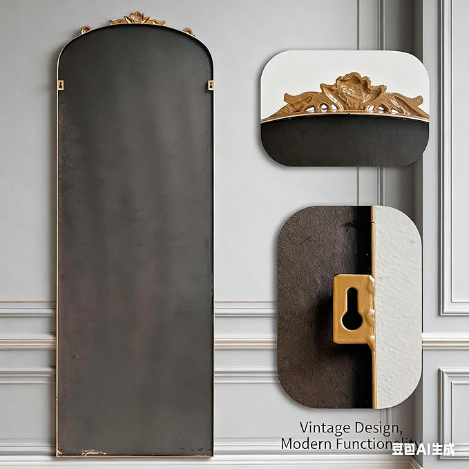 Full Length Wall Mirror Decorative Full Body Mirrors Traditional Antique Arched Farmhouse for Living Room Bedroom Entryway Bathroom Vanity (58X13 Inches, Gold)
