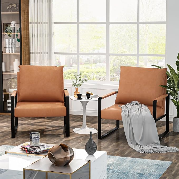 AWQM Leather Accent Chair Set of 2, Sofa Chair with Extra-Thick Padded Backrest & Seat Cushion Single Sofa for Living Room Bedroom, Black Metal Frame, 105 Degree Slant Back-Apricot（Set of 2）