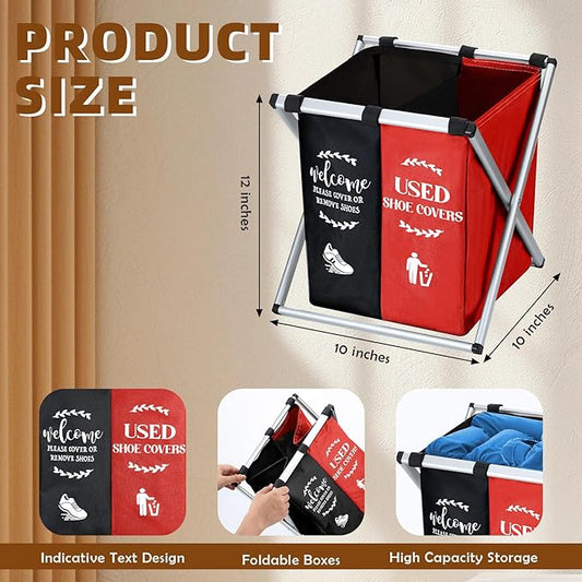 Foldable Disposable Shoe Cover Box Dispenser Fabric Storage Bin Holder with Used Shoe Covers and Welcome Please or Remove Sign for Open House Supplies(Black, Red)