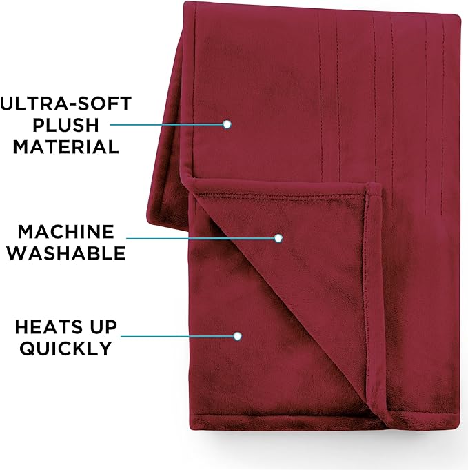 Brookstone Oversized Electric Heated Throw - Heated Blankets - 4 Heat Settings, 4-Hour Auto Shut Off, 100% Polyester, 50"x60" - Red