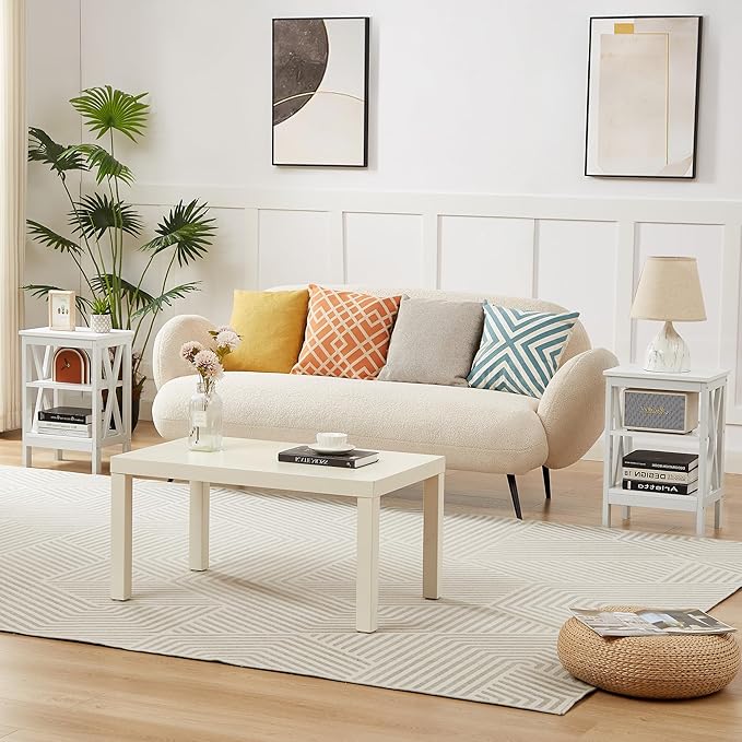 VECELO End Table Set of 2, Bedside Table, 24" Tall Living Room End Tables, X-Design Reinforced Nightstands, Side Table with 3-Tier Storage Shelves for Small Spaces, Office, Bathroom, Bedroom, White