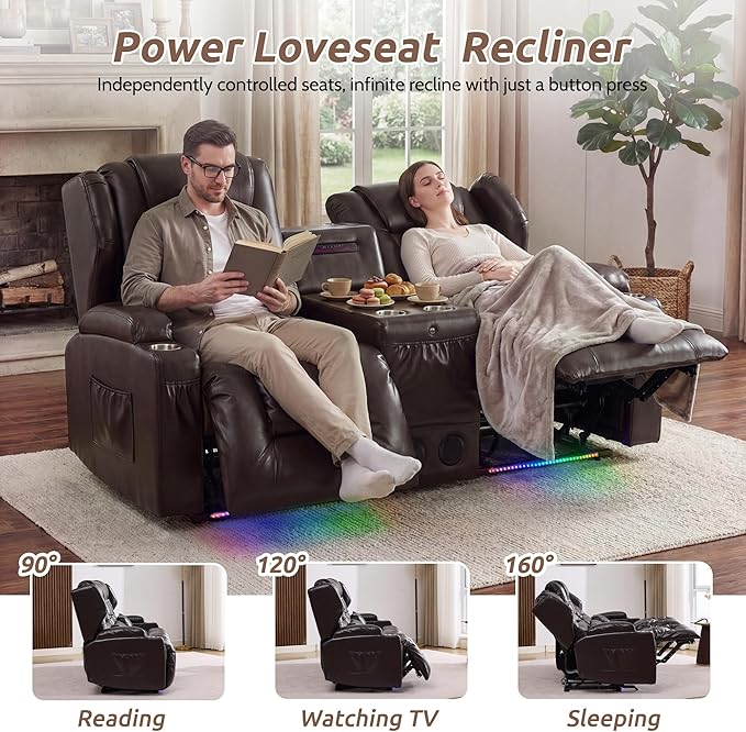 SAMERY Loveseat Recliner Sofa, Power Reclining Loveseat Sofa, Wall Hugger Recliners RV Couch with Console, Lift-Top Table, Rhythm & Ambient LED Lights, USB-C, Outlets, Faux Leather, Brown | Extra Wide Seat, Plush Padding, Dual Power Recline, Lift-Up Ta...