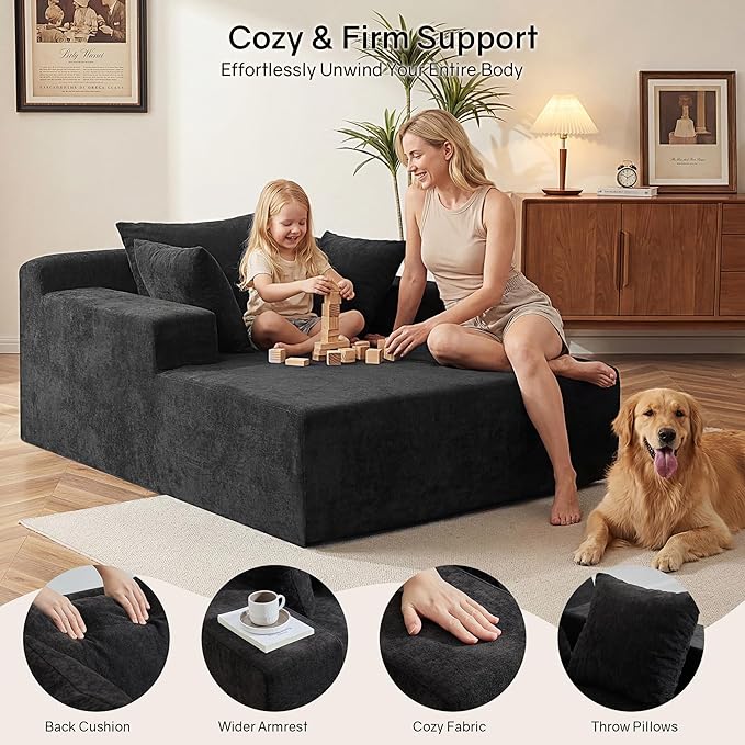 66" Chaise Lounge Chair Indoor, Oversized Boneless Lounge Chair with 3 Pillows, Chenille Cloud Reading Chair for Living Room Bedroom, Deep Seat Sleeper Couch, No Assembly Required | Breathable material