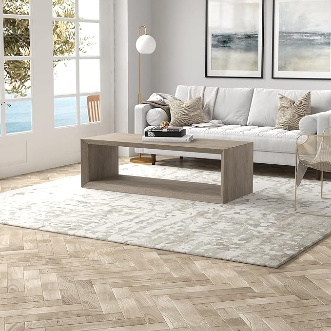 Henn&Hart 58" Rectangular Coffee Table with Open Storage Shelf for Living Room, Family Room, or Office, Weathered Gray