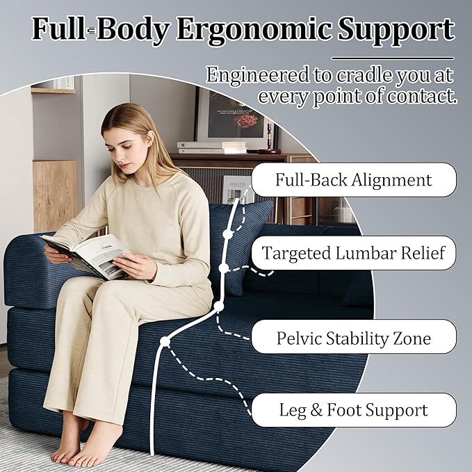 59'' Convertible Compressed Corduroy Folding Sofa Bed, Modern Boneless Pull Out Loveseat Sleeper in a Box, 4 in 1 Floor Mattress Futon Cloud Couch, No Assembly Needed, Navy Blue, 2 Pillows, Queen