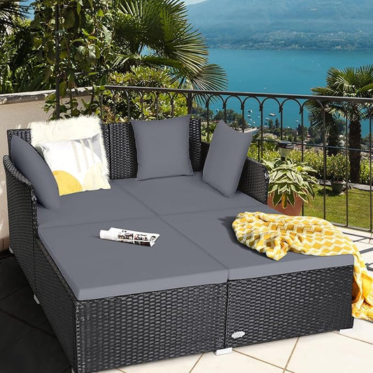 Tangkula Outdoor Rattan Daybed, Wicker Furniture with Spacious Seat, Upholstered Cushion & High-Resilience Sponge, Patio Sofa Set with 4 Pillows, 2-Person Sunbed for Poolside Backyard Garden & Balcony