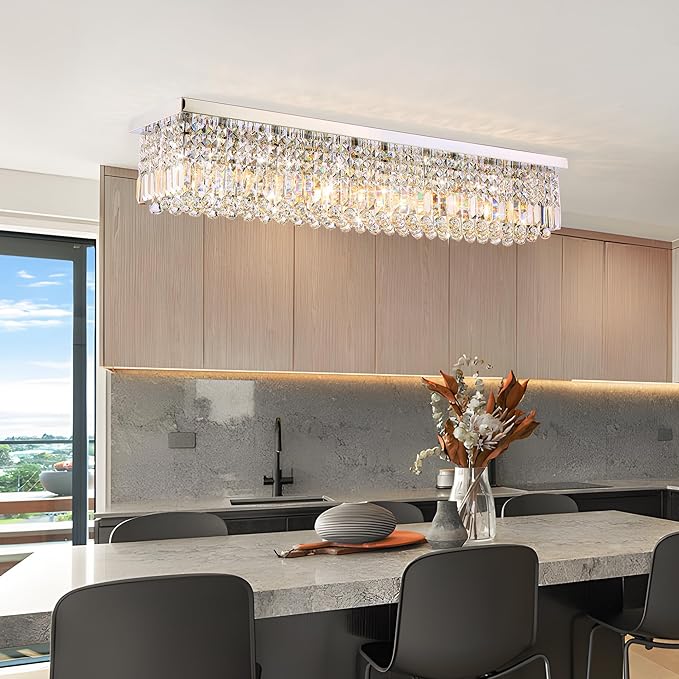 12-Lights Crystal Chandeliers Modern Crystal Rectangular Flush Mount Chandelier with Raindrop Crystals Pendant Light Fixture for Dining Dining Room Kitchen Dining Room Bedroom Bathroom Hotel