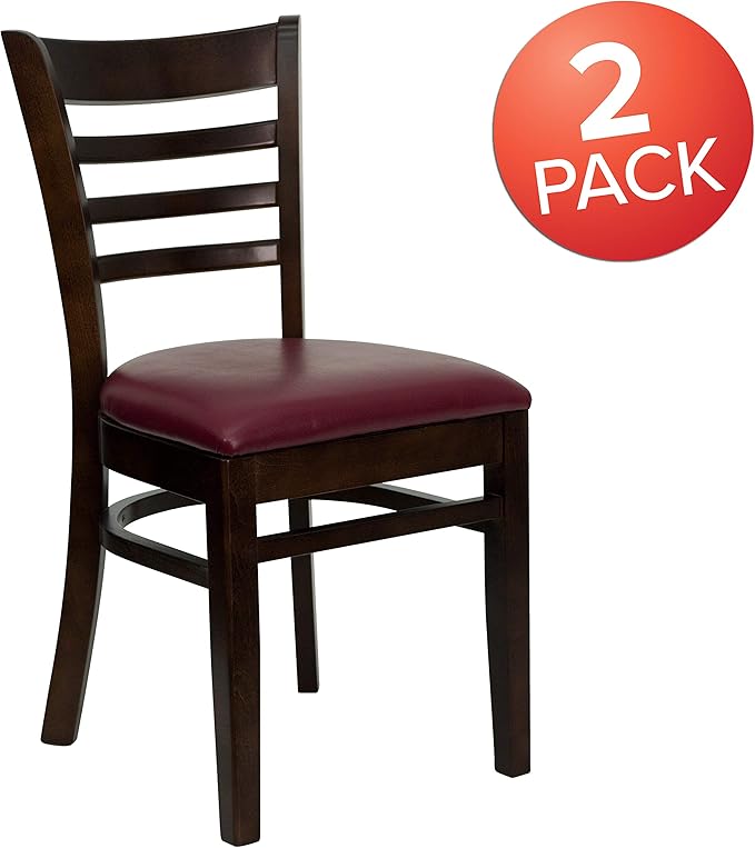Flash Furniture 2 Pk. HERCULES Series Ladder Back Walnut Wood Restaurant Chair - Burgundy Vinyl Seat