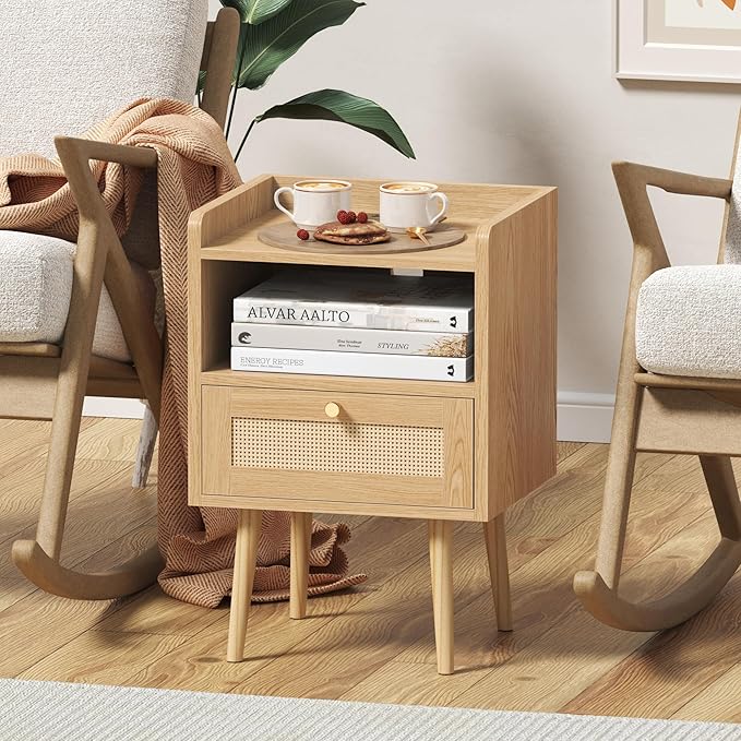 Nightstand with Charging Station & Rattan Decor Drawer, Boho Bedside End Table with Solid Wood Feet, Bed Side Table with Open Storage for Farmhouse Bedroom Living Room Dorm - Natural