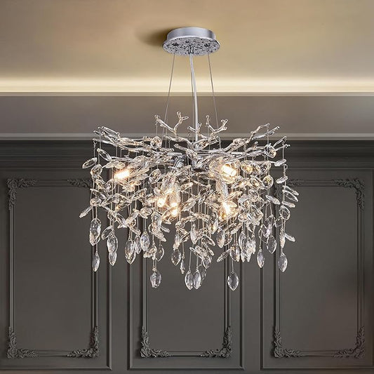 Modern Tree Branch Crystal Chandelier Luxury Silver Crystal Pendant Lighting 18" Contemporary 6-Light Chandeliers for Dining Room Kitchen Bedroom Living Room
