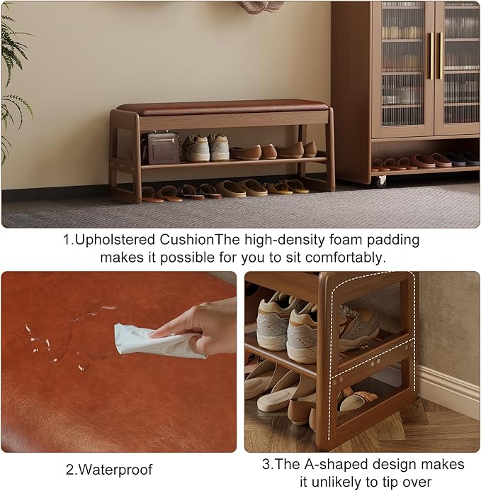 AQIMUELE Small Shoe Rack Bench,2 Tiers Shoe Bench with Storage with Flip-Top,Wood Shoe Rack for Entryway,Hallway（Orange Upholstered Seat）