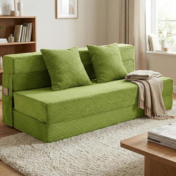 JKMAX Queen Size Folding Sofa Bed - 4 in 1 Convertible Sleeper Chair with Two Pillows - High Density Memory Foam Futon Couch - Foldable Bed for Living Room Bedroom (Green)