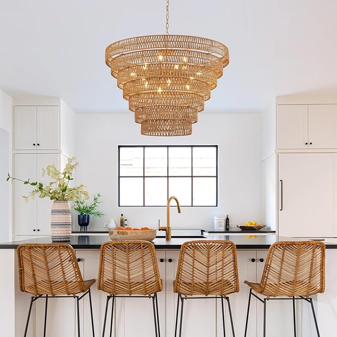 Hand-Woven Rattan Chandelier Vintage Farmhouse 15-Lights Boho Bamboo Large Chandeliers Light Fixture 7-Tier Drum Wicker Chandelier for Dining Room, Living Room, Kitchen, E12