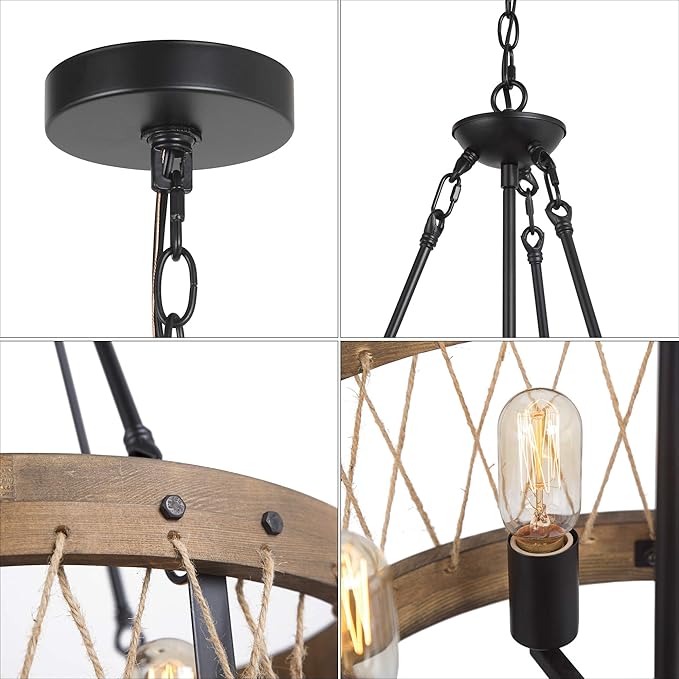 LALUZ Farmhouse Chandelier for Dining Room, 18’’ Round Wooden Chandelier, Hemp Rope Rustic Chandelier for Kitchen Island, Foyer