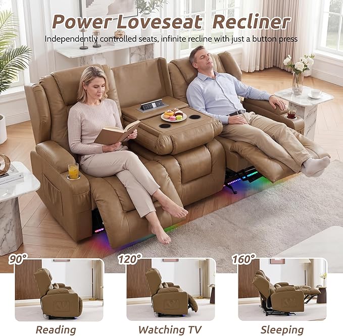 SAMERY Power Loveseat Recliner Sofa, Wall Hugger Reclining Loveseat Sofa, Movie Home Theater Seating with Flip-Backrest, Solid Wood Top, Ambient LED Lights, USB-C, Outlets, Faux Leather, Khaki | Extra Wide Seat, Plush Padding, Dual Power Recline, Flip-...