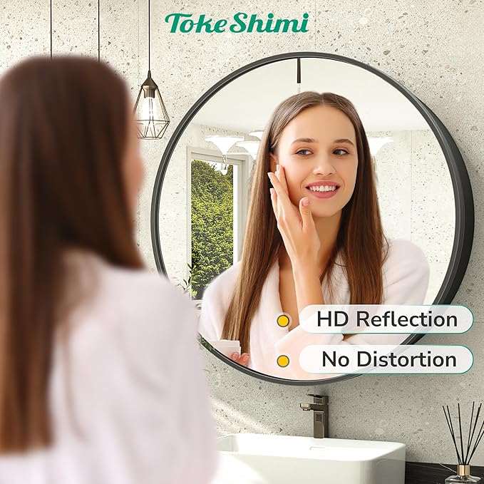 TokeShimi 30x30 Black Medicine Cabinet for Bathroom, Round Medicine Cabinet with Mirror Shatterproof, Removable Shelf, Surface Mount Only