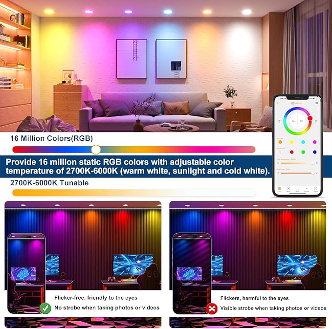 Black Smart Recessed Lighting 4 Inch RGBCW Color Changing 12W LED Downlight with Junction Box,1080 Lumen Recessed Ceiling Light Compatible with Alexa,Dimmable by Bluetooth Control -1Pack