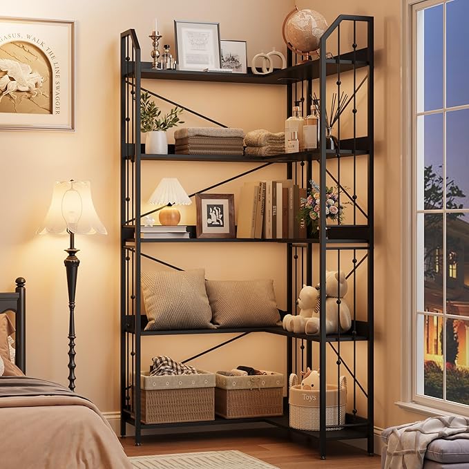 GarveeHome Corner Bookshelf 72" L Shaped Bookcase, Corner Bookshelves Industrial Bookcase 5 Tier L-Shape Bookshelf, Large Bookcases with Beaded Design Tall Display Rack Shelf for Living Room Bedroom